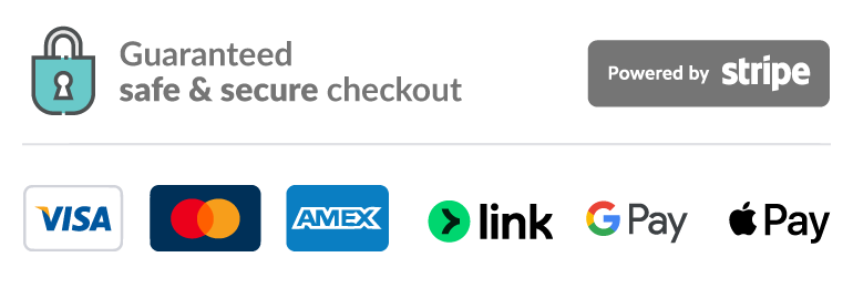 Accepted payments: Apple Pay, Google Pay, Samsung Pay, Visa, Mastercard, Amex, Pay by Link. Guaranteed Secure Checkout